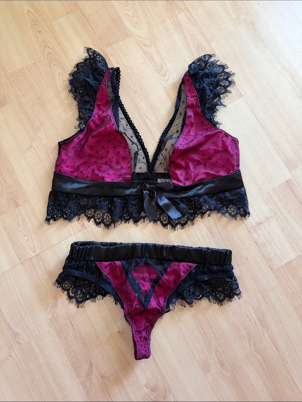 Roma Burgundy & Black Lace Bralette and Thong Set